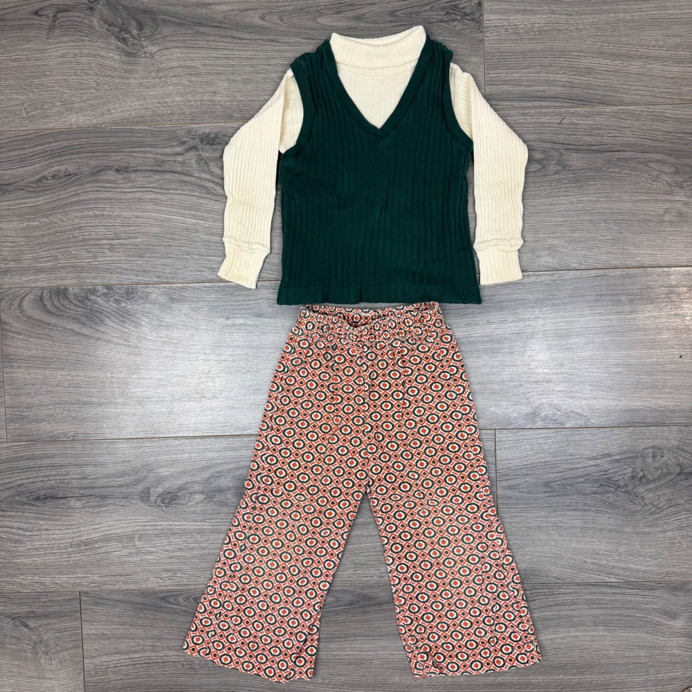 Vintage Buster Brown Toddler 3pc Outfit Geometric Pants Turtleneck Vest 3T‎
